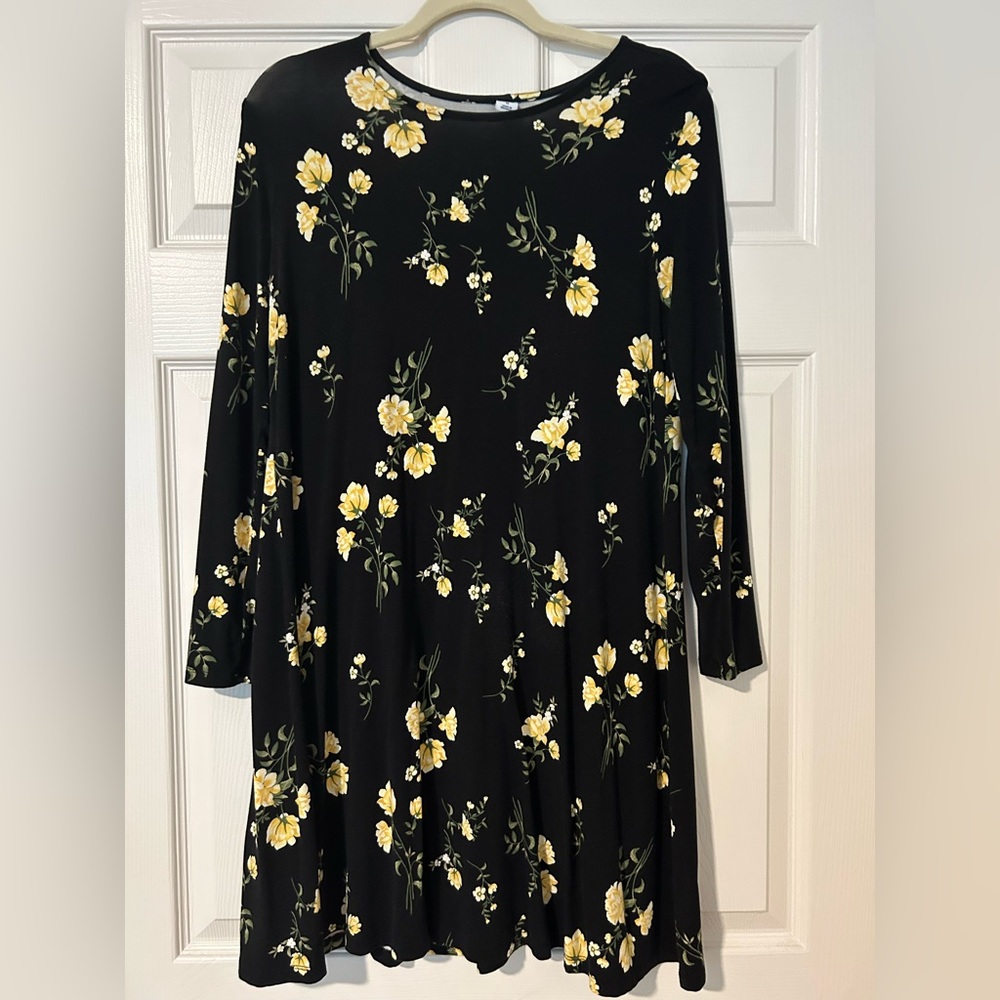 Black floral long sleeve fit & flare dress